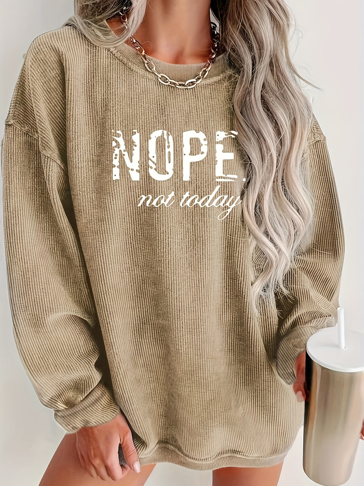 NOPE Printed Long Sleeve Top Women Crew Neck Graphic Shirt Casual Pullover S M L XL XXL Khaki Pink Letter Print