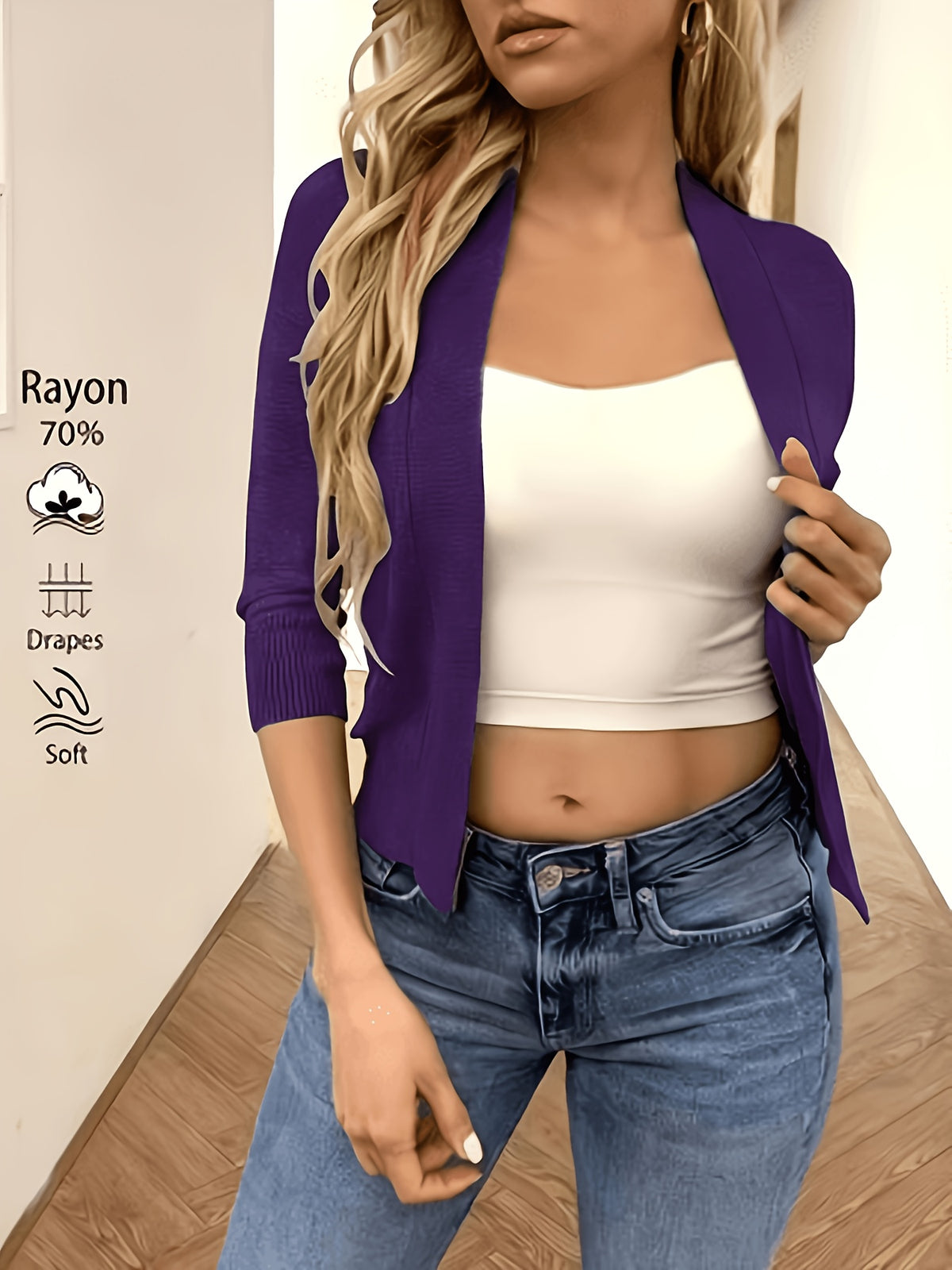 Women's Open Front Knit Cardigan Solid Color 3/4 Sleeve Lightweight Casual Sweater Top for Spring Summer – 10 Colors XS-XXL