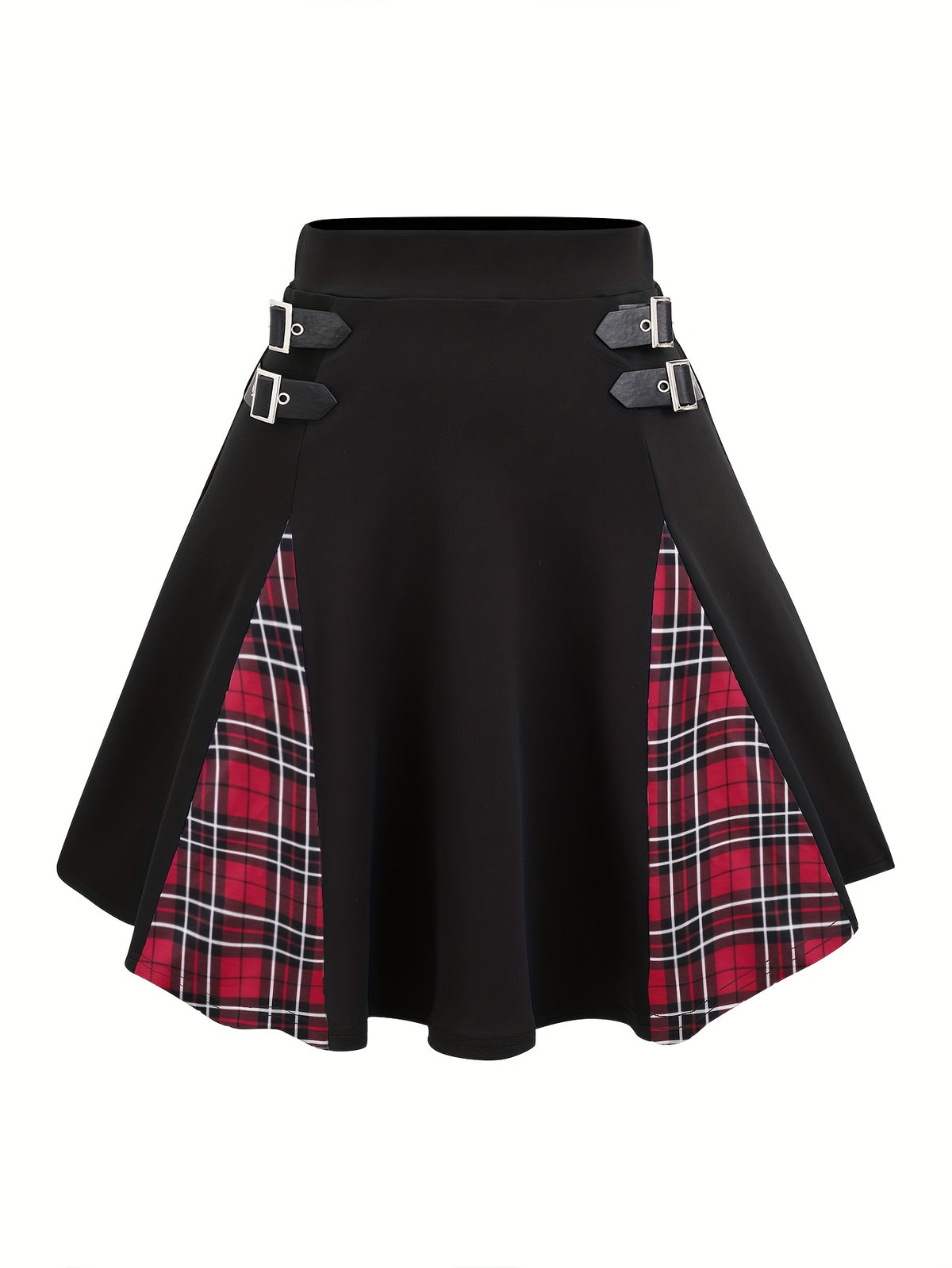 Gothic Plaid Buckle High Waisted A-Line Mini Skirt Women Y2K Gingham Color Block Knit Skirt Black Gray Red Blue Purple S M L XL XXL