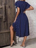 Women's Elegant Polka Dot Criss Cross Neck Short Sleeve Side Slit Dress - Timeless Summer Midi Dress for Casual Brunch Date Night Beach Vacation Spring Summer