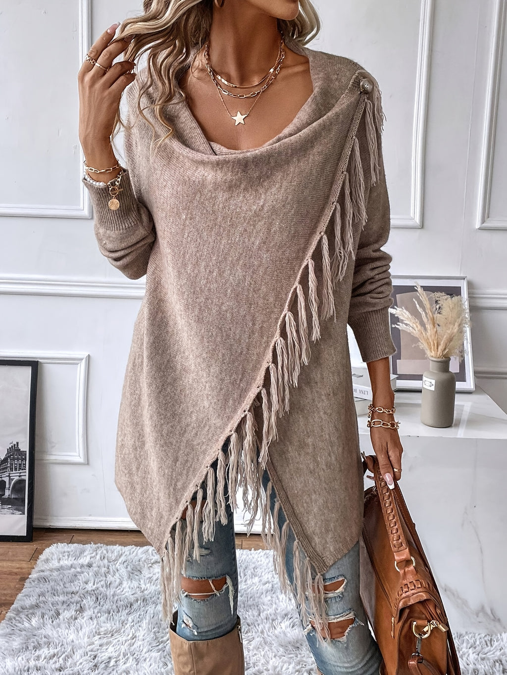 Women's Fringed Shawl Cardigan with Draped Neckline - Fringe Trim Wrap Sweater for Fall Winter, Solid Color Loose Knit Poncho Shawl S M L XL XXL