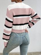 Striped Color Block Drop Shoulder Cropped Sweater Women Fall Winter Loose Fit Knit Pullover Round Neck Long Sleeve Top S-XL