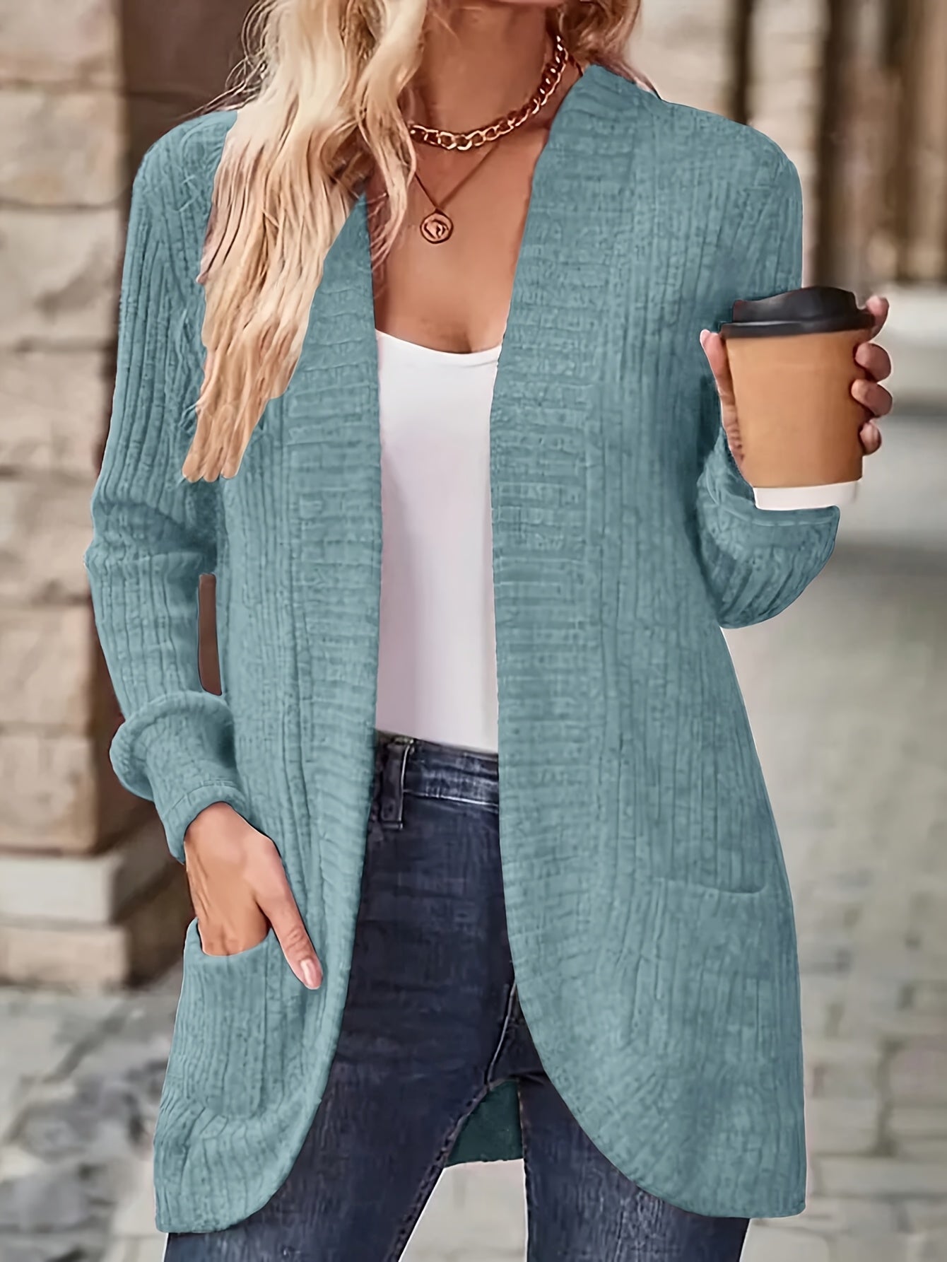 Women Open Front Cardigan Jacket with Pockets Long Sleeve Solid Color Casual Knit Coat Light Grey Black S M L XL Lightweight Layering Outerwear
