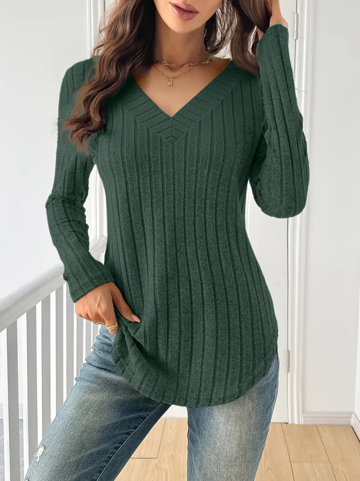 Women's Spliced V-Neck Ribbed Long Sleeve T-Shirt – Soft Stretch Solid Color Casual Top for Spring Fall Winter | Multi-Color S-XXL