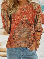 Women's Boho Persian Medallion Print Long Sleeve Top - Digital Floral Geometric Pattern Crew Neck Loose Casual Shirt, Vintage Ethnic Graphic Tee Orange Red S-XXL