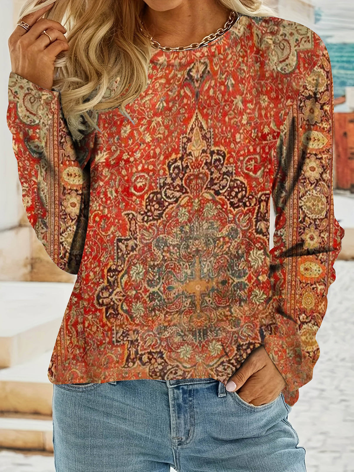 Women's Boho Persian Medallion Print Long Sleeve Top - Digital Floral Geometric Pattern Crew Neck Loose Casual Shirt, Vintage Ethnic Graphic Tee Orange Red S-XXL