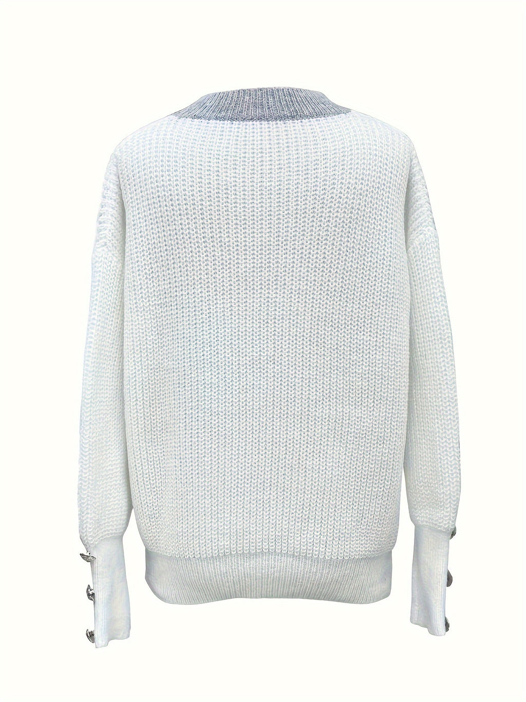 Women's V-Neck Button-Decorated Pullover Sweater – Casual Solid Color Knit Top for Fall Winter, Lightweight Polyester Stretch Pullover, Sizes S-XXL, White & Sea Blue