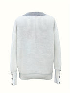 Women's V-Neck Button-Decorated Pullover Sweater – Casual Solid Color Knit Top for Fall Winter, Lightweight Polyester Stretch Pullover, Sizes S-XXL, White & Sea Blue