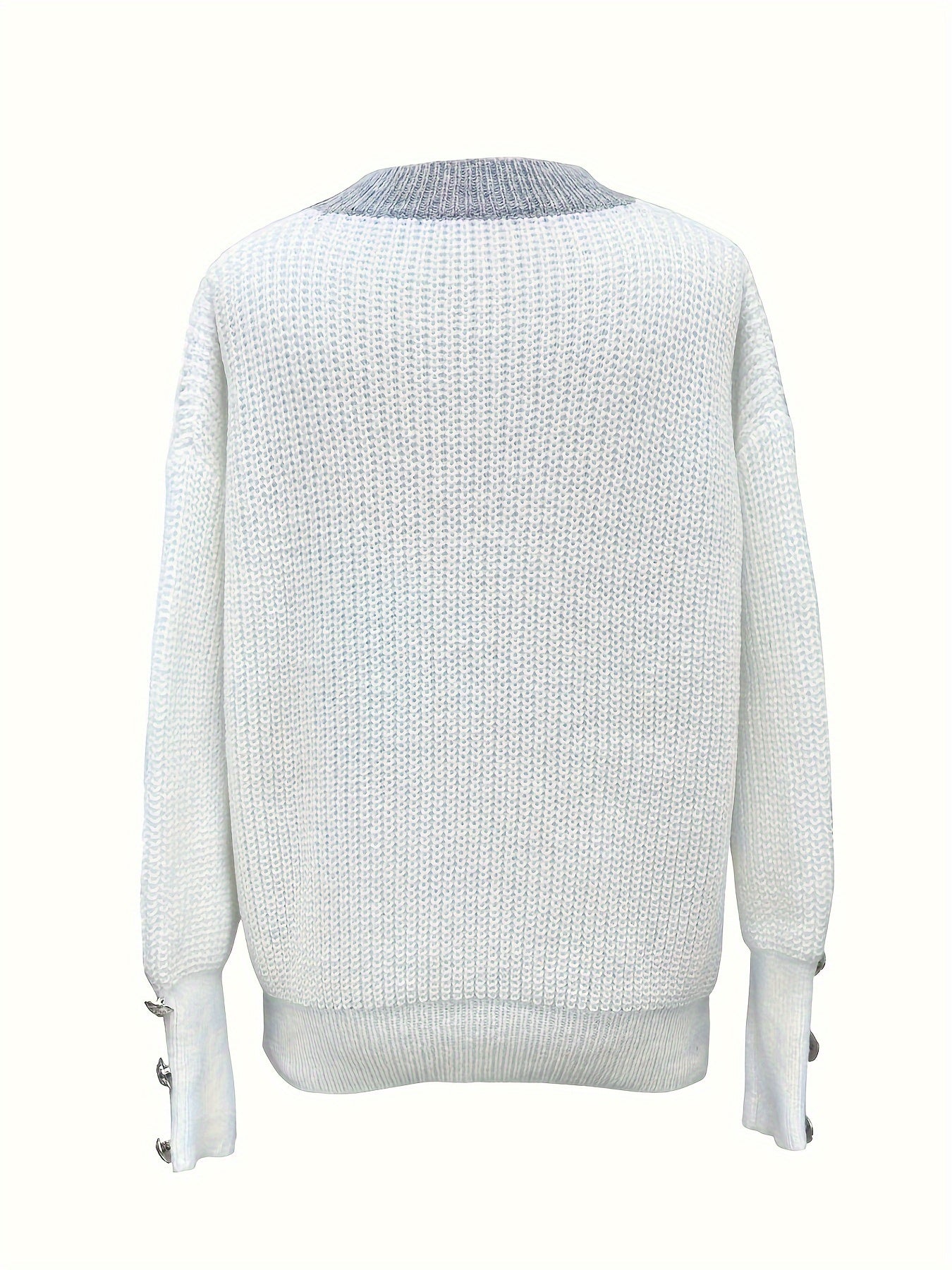 Women's V-Neck Button-Decorated Pullover Sweater – Casual Solid Color Knit Top for Fall Winter, Lightweight Polyester Stretch Pullover, Sizes S-XXL, White & Sea Blue