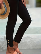 Women's Tummy Control Stretch Capri Pants Elastic Tie Coconut Button Ankle Length - Slimming Casual Semi-Casual Leggings for Spring Summer Fall Machine Washable