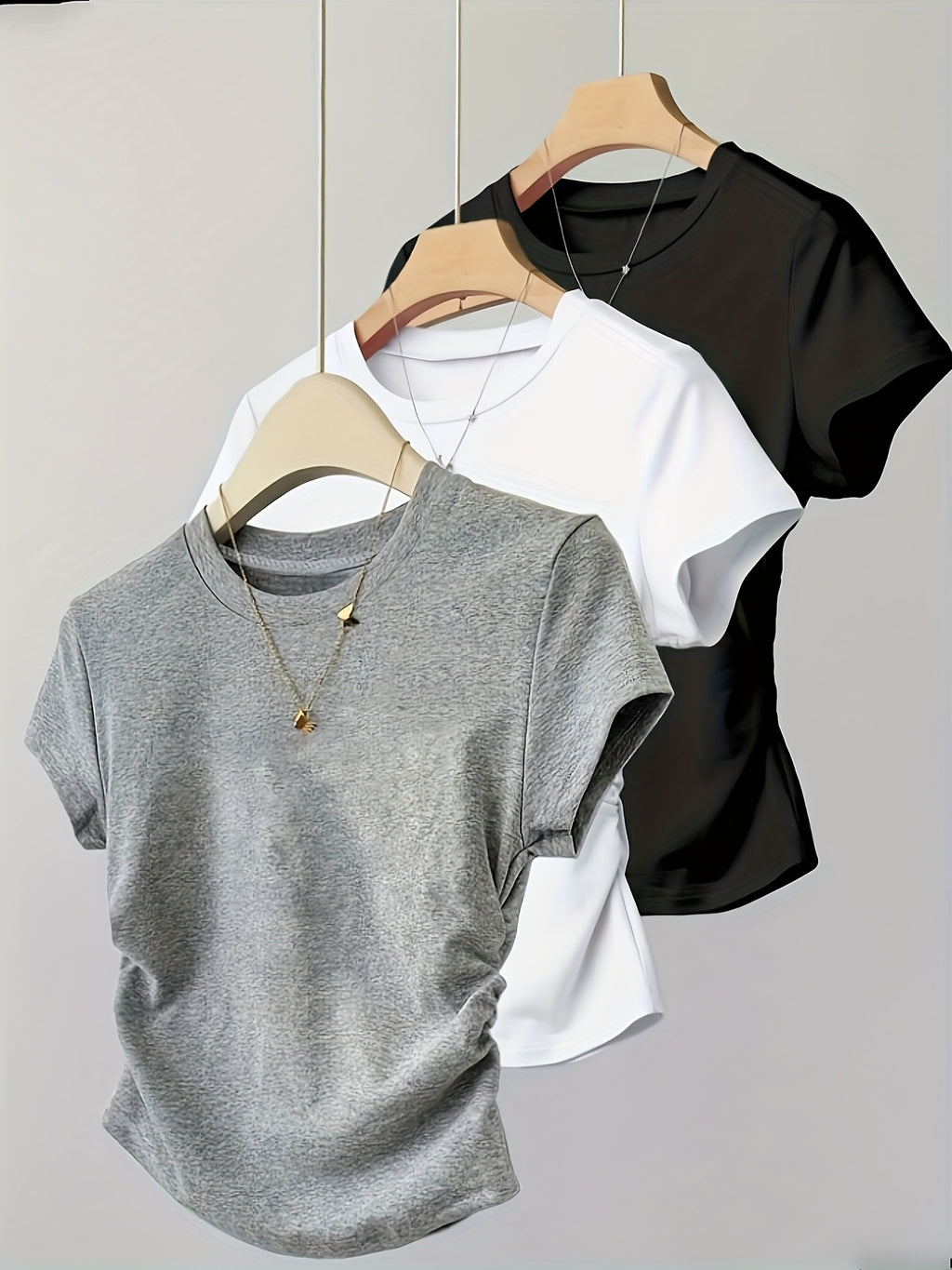 Women's 3-Piece Round Neck Side Ruched Waist Short Sleeve T-Shirt Set – Soft Polyester Spandex Stretch Knit Casual Top Set