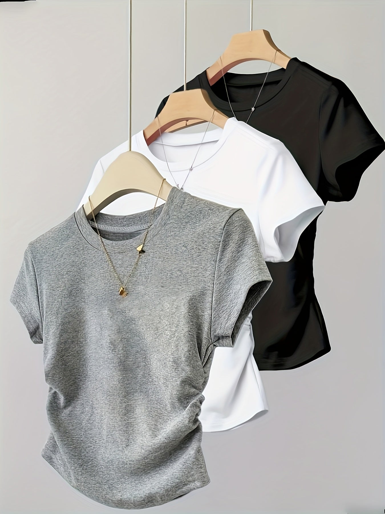 Women's 3-Piece Round Neck Side Ruched Waist Short Sleeve T-Shirt Set – Soft Polyester Spandex Stretch Knit Casual Top Set