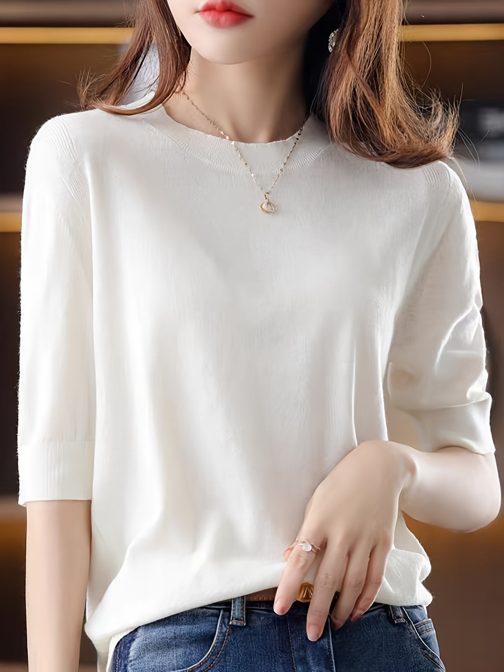 Women's Ribbed Knit Crew Neck Three-Quarter Sleeve Pullover Sweater Top – Vintage Elegant Stretch Soft Fabric Spring Autumn Long Sleeve Blouse S-XXL