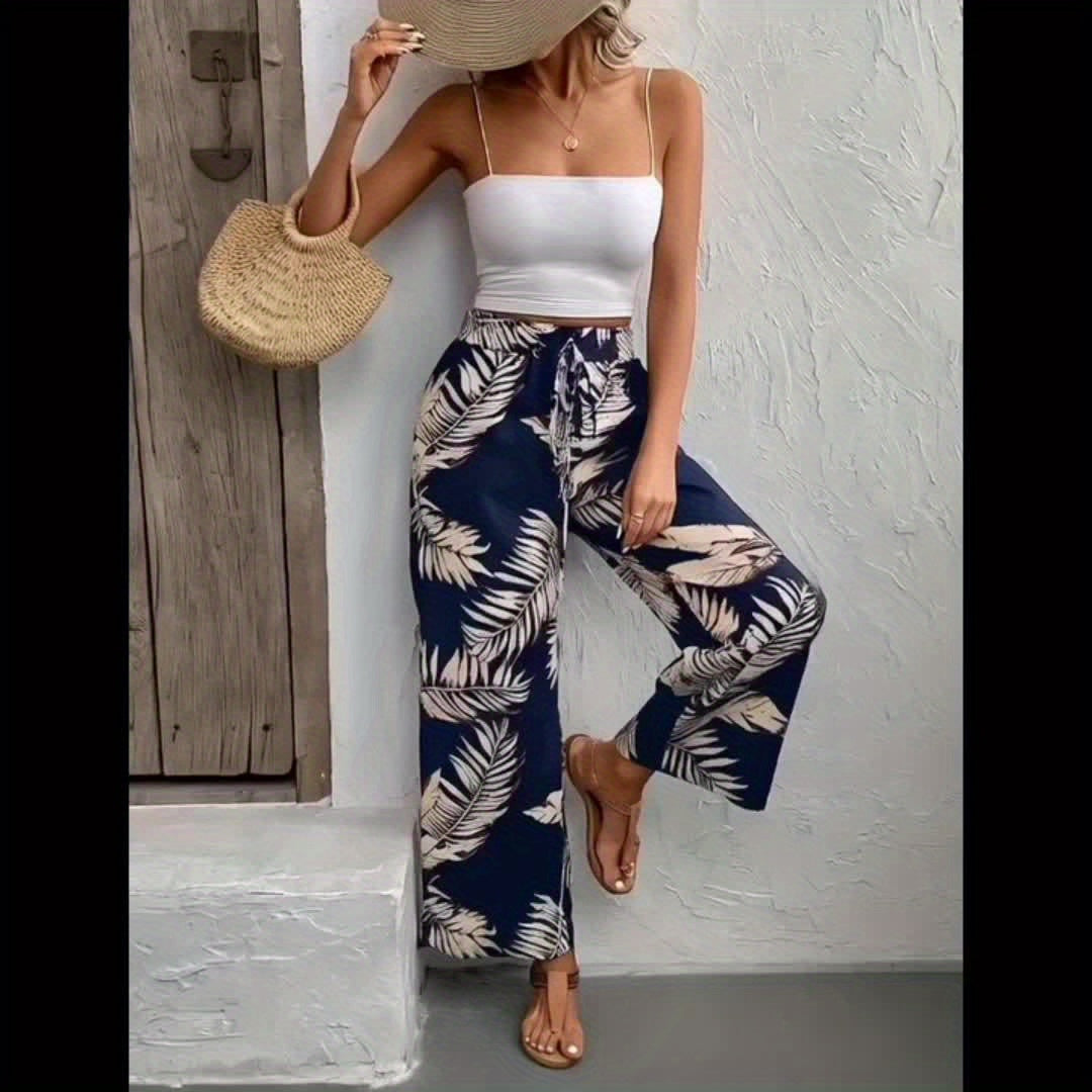 Women's Wide Leg Pants Tie Up Floral Print Casual Loose Fit Comfortable Trousers Bohemian Style S M L XL XXL Black Blue