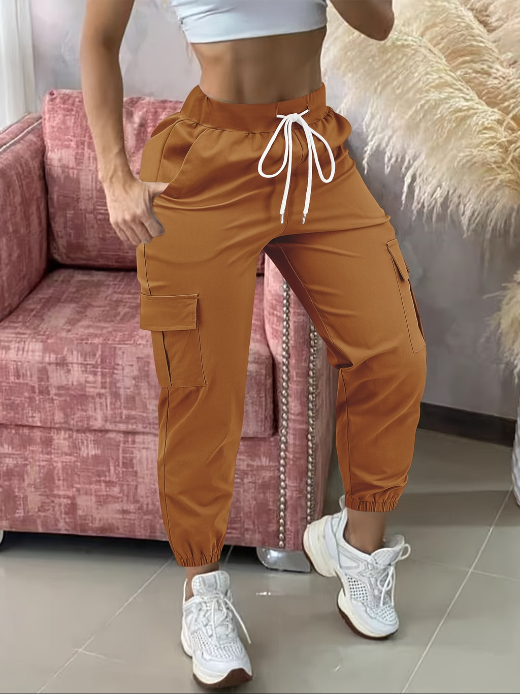Cargo Pants Women Drawstring Waist Multiple Pockets Frayed Hem All-Season Comfort Fit Casual Wear - Black Khaki Olive Grey Navy Dark Gray S M L XL XXL Woven Stretch Fabric
