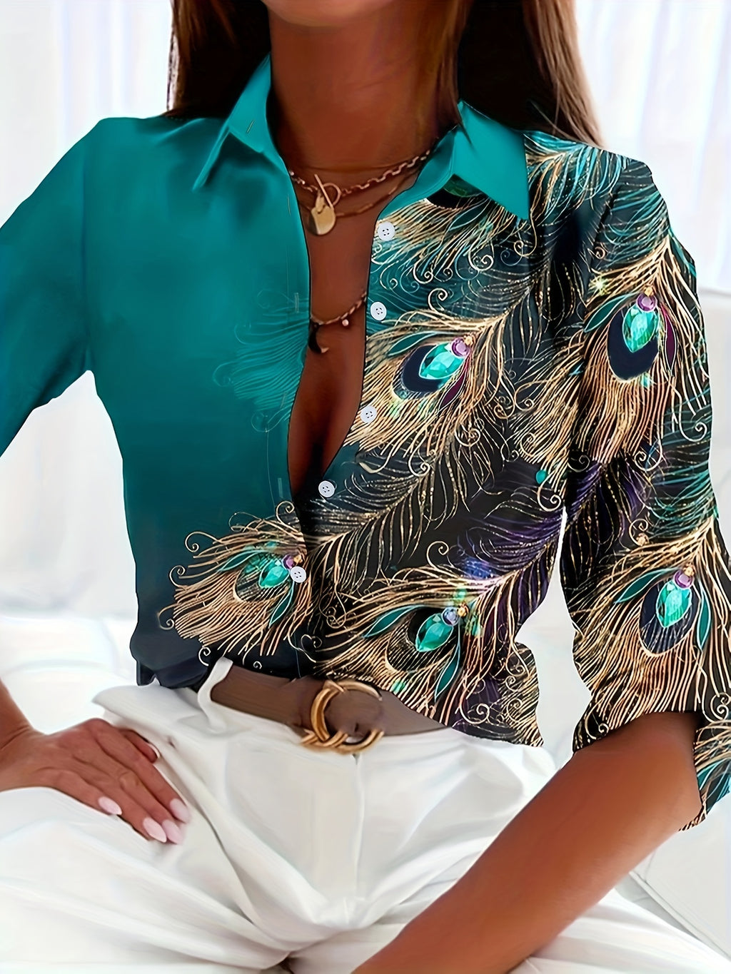 Women's Elegant Peacock Print Button-Front Blouse | Turquoise Gold Classic Collar Woven Polyester Shirt for Office Party All-Season Wear