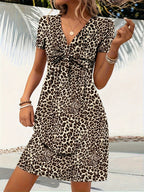 Women's Leopard Print V-Neck Fit & Flare Twist Dress - Knit Polyester Stretch Midi Dress Blue S M L XL XXL Casual Party Date Night Fashion