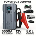 5500A Portable Car Jump Starter – 12V Battery Booster Pack for 8.0L Gas & 6.0L Diesel Engines, Compact Emergency Jump Box with Safety Jumper Cables, Fast Charging & LED Lights