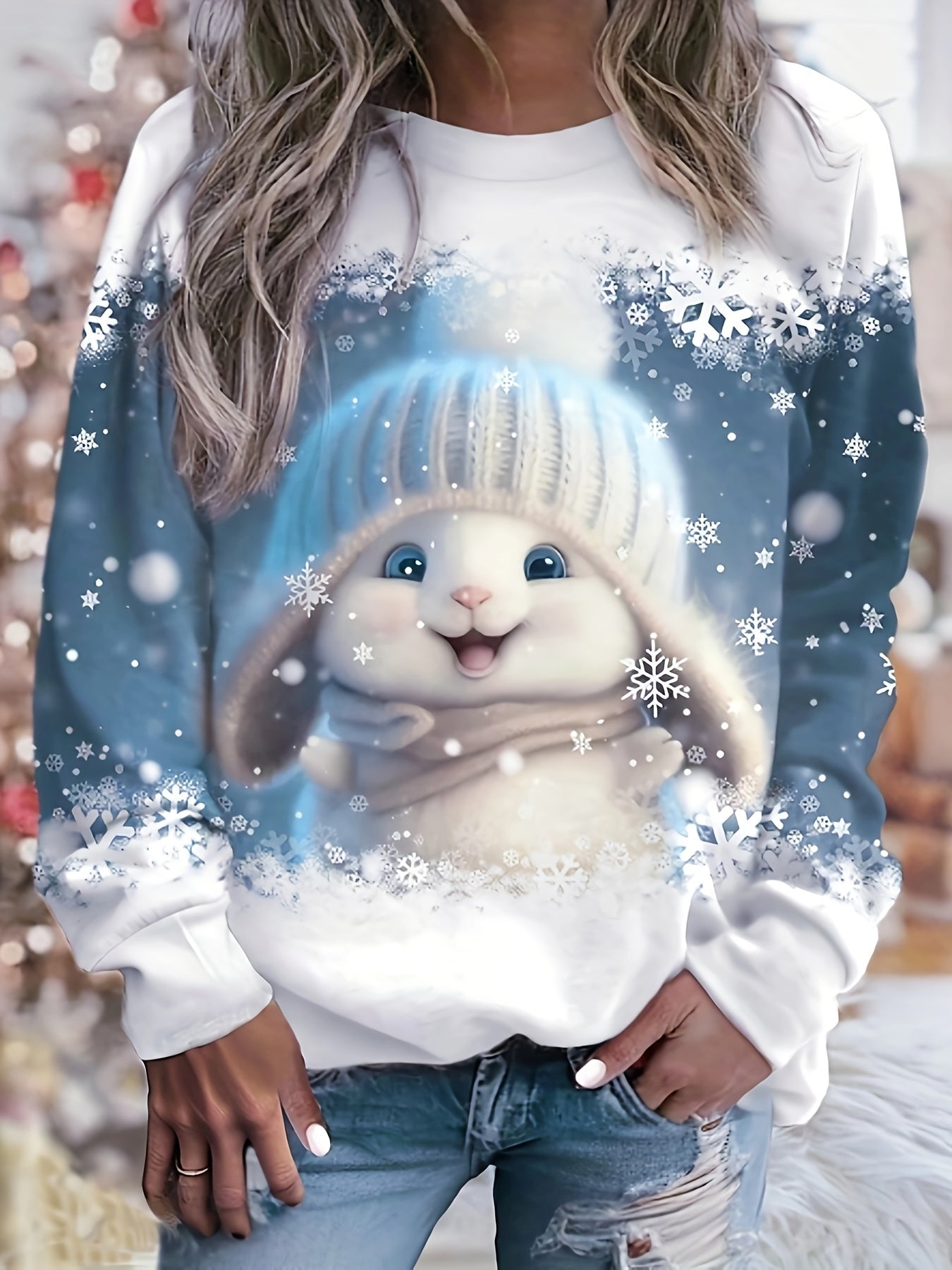 Christmas Print Crew Neck Long Sleeve Loose Pullover Sweatshirt Women Holiday Festive Casual Tops US Warehouse
