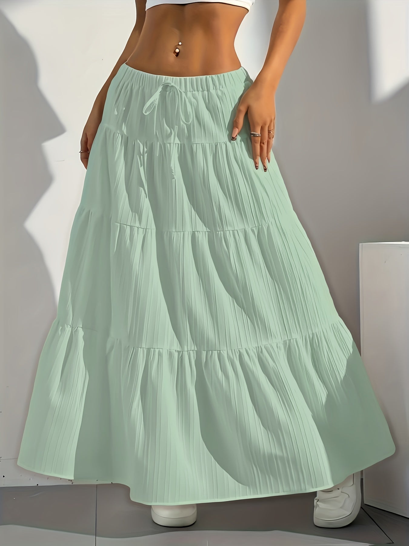 Women's Solid Color Tie-Back Flared A-Line Midi Skirt – Elegant Loose Swing Skirt Western Fashion Spring Summer Fall Casual Chic Half Skirt