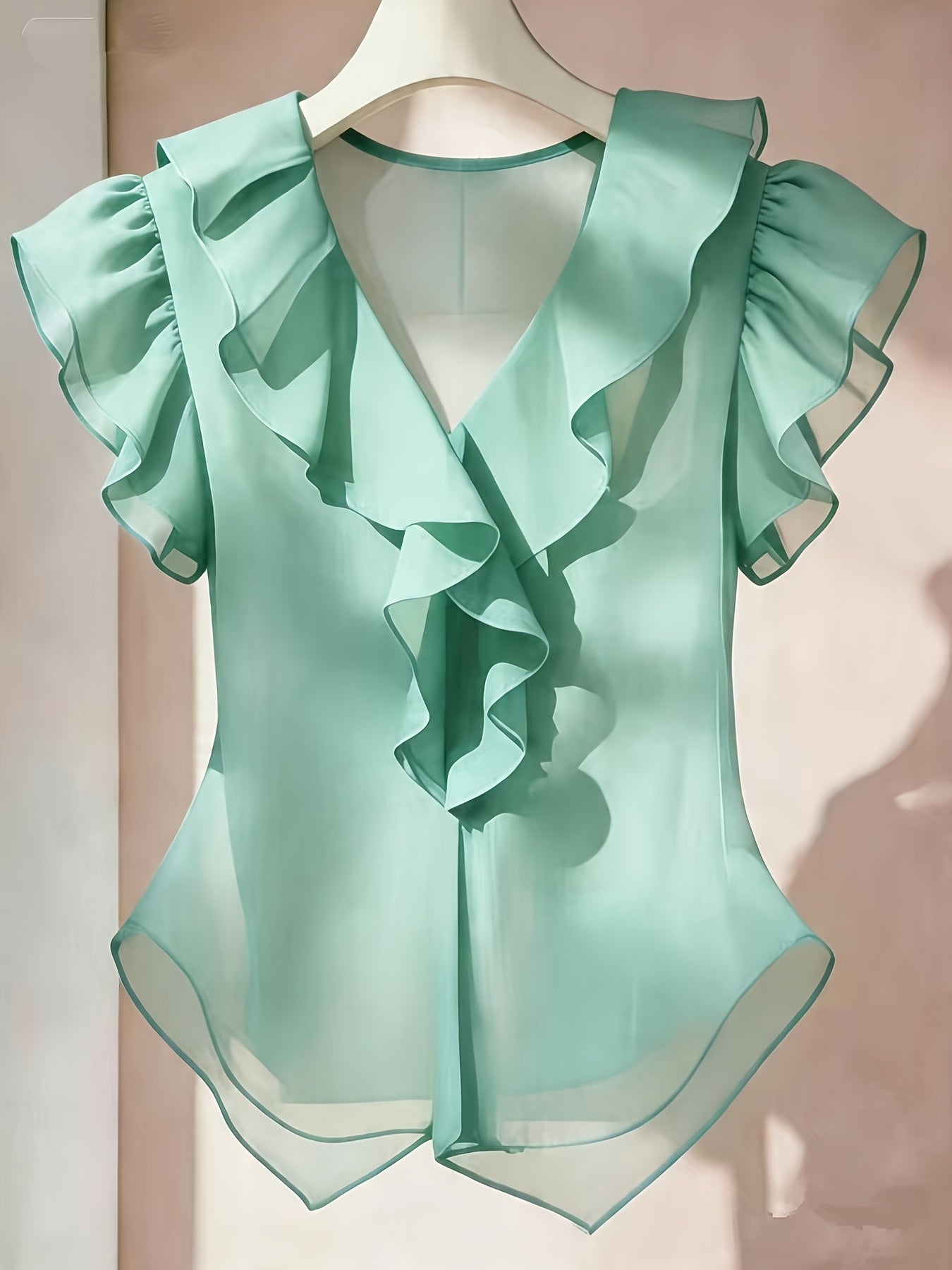 Women's French Ruffle Short Sleeve Chiffon Top – Solid Color Flyaway Casual Summer Blouse in 21 Colors, 100% Polyester Woven