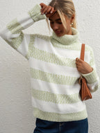 Women's Faux Mink High-Neck Sweater - Thick Loose Fit Striped Pullover | Warm Fall Winter Outerwear Base Layer Knit Top