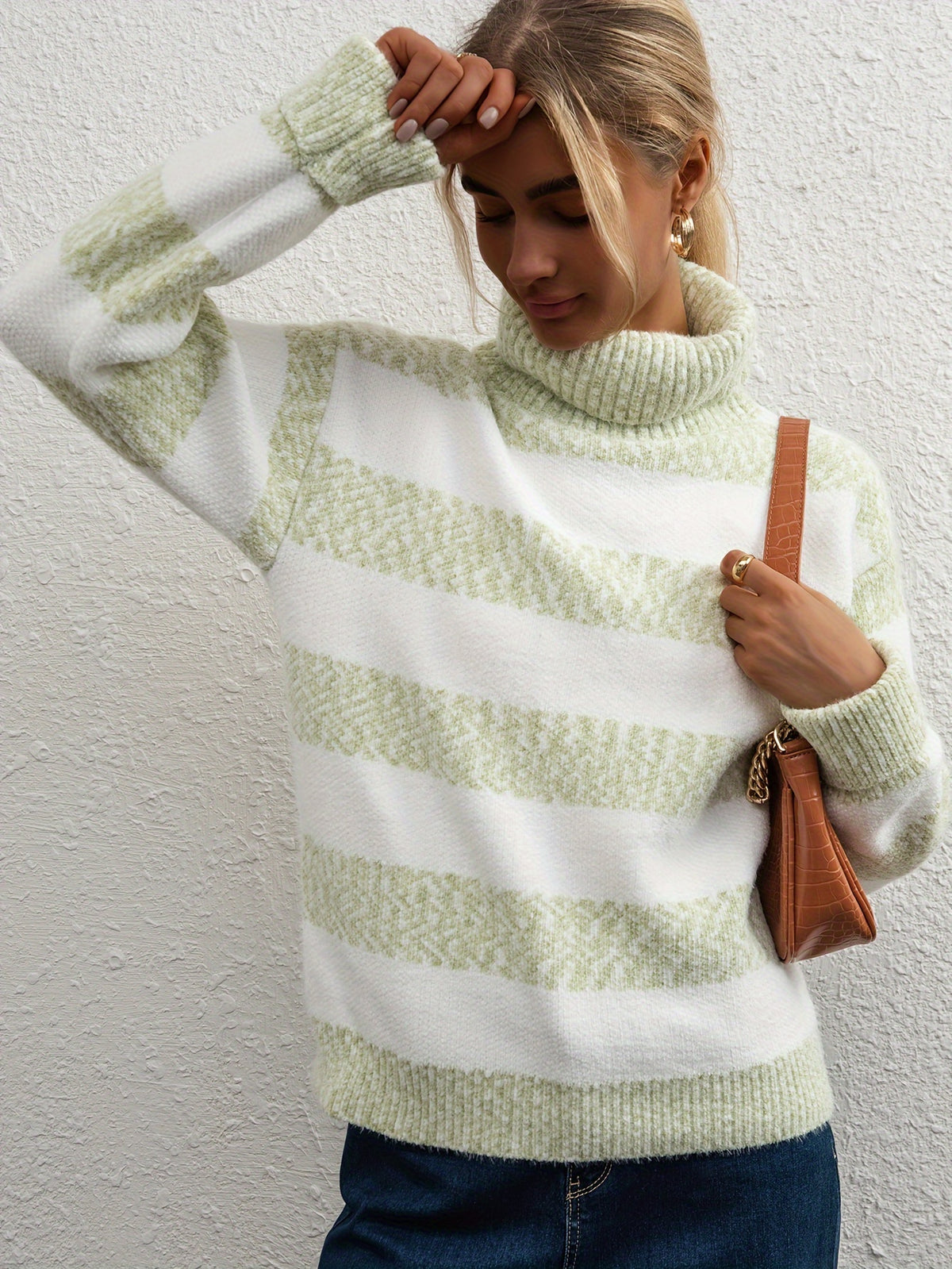 Women's Faux Mink High-Neck Sweater - Thick Loose Fit Striped Pullover | Warm Fall Winter Outerwear Base Layer Knit Top