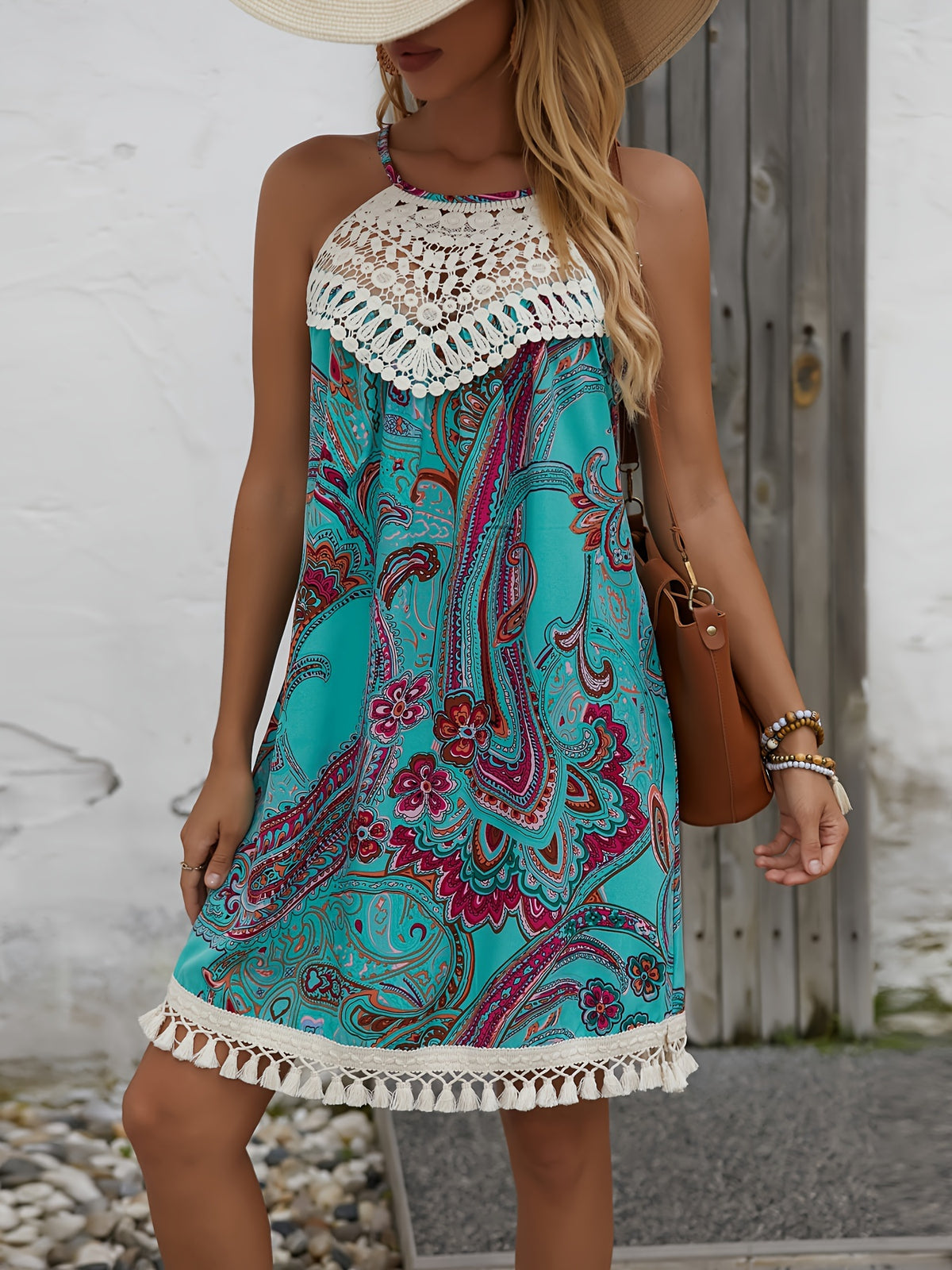 Women's Off-Shoulder Paisley Print Lace Patchwork Midi Dress – Camisole Tie-Back Summer Dress for Vacation, Beach, Travel & Everyday Wear