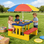 Kids Picnic Table with Removable Foldable Umbrella – 2-in-1 PP Table & Bench Set Seats 4 Children, UV Protection, Safe Rounded Edges, Indoor Outdoor Activity Table for Backyard Garden, Best Gift for Kids