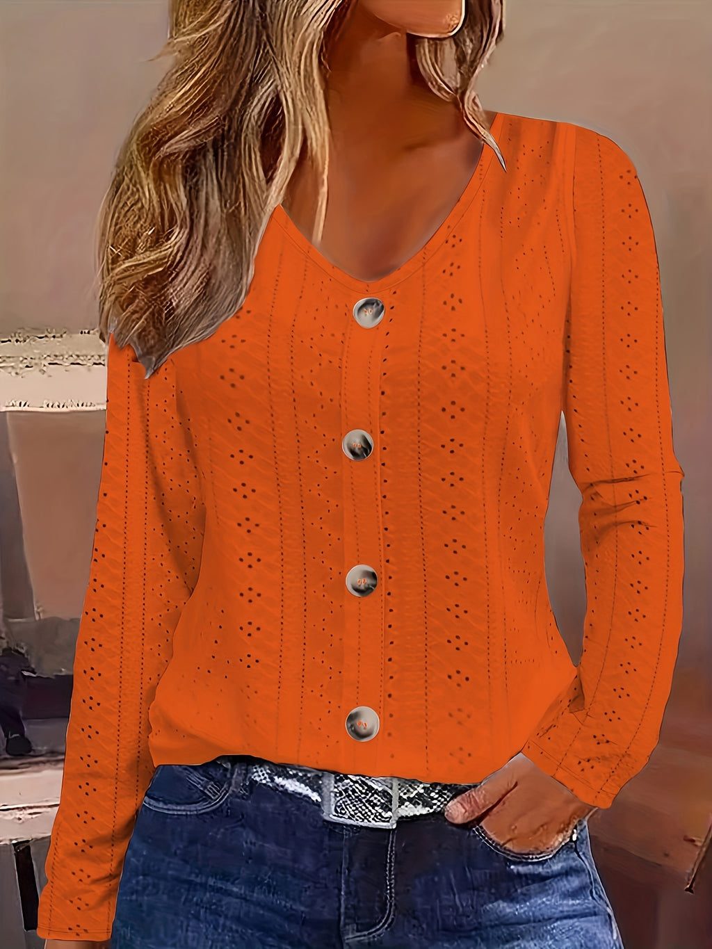 Women's Eyelet Solid V-Neck Button-Front Long Sleeve Blouse | Semi-Sheer Stretch Knit Casual Layering Top for Spring Summer Fall
