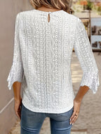 Women's Contrast Lace Trim Long Sleeve Blouse – Sexy Semi-Sheer Round Neck Elegant Pullover Top for Spring Summer Fall in Black, White & Orange-Red