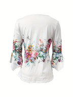 Floral Print Button Front Blouse Women Notched V-Neck Spring Summer Top 95% Polyester Vintage Casual Shirt S-XXL