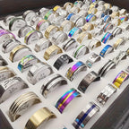 100 Pcs Stainless Steel Rings Bulk Set with Box – Assorted Mixed Styles Heart & Stripe Bands for Women, Men & Couples, Colorful Wholesale Jewelry Gift Pack, Random Assortment
