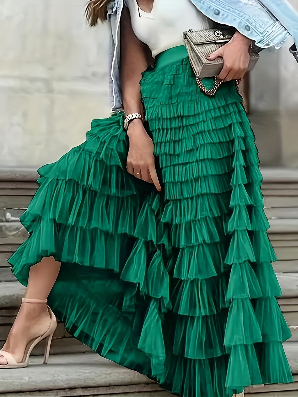 Women's Elegant Mesh Long Cake Skirt – A-Line Flared Hem Contrast Mesh Elastic Waist Maxi Skirt for Fall, Winter & Formal Occasions