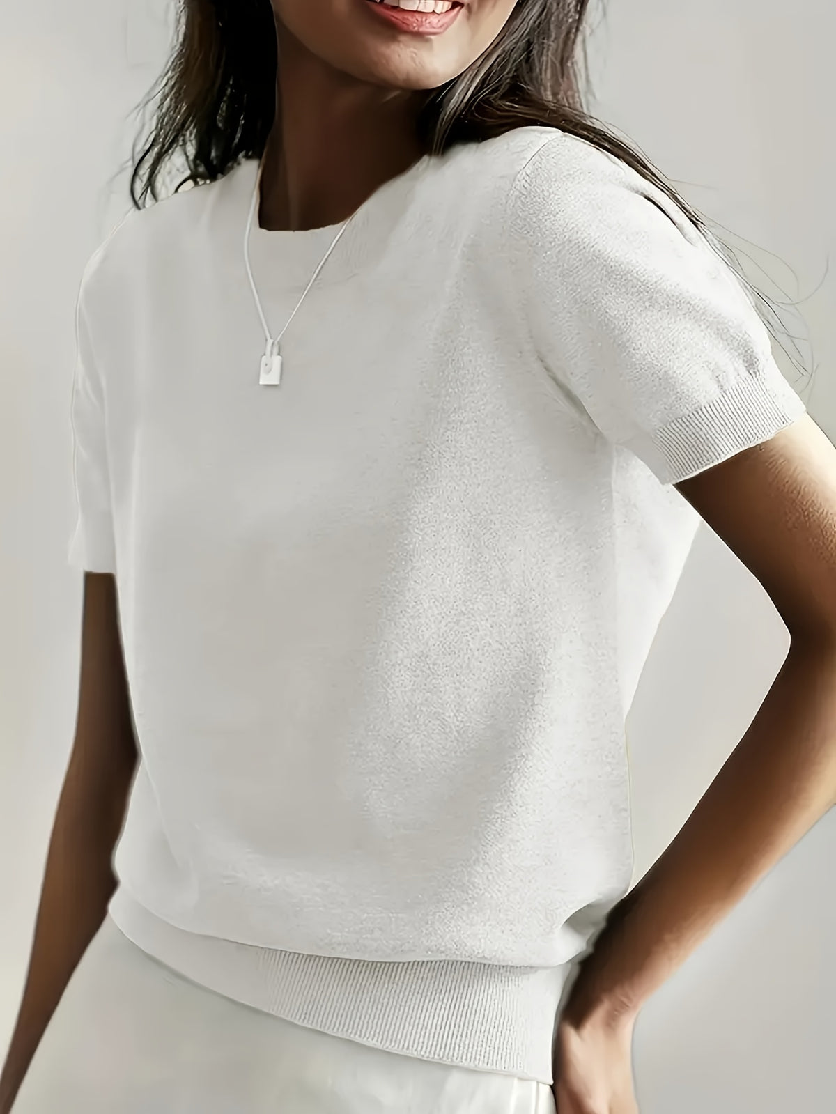 Fine-Spun Short Sleeve Knit Top Women Crew Neck Casual Pullover Sweater Solid Color Lightweight Base Layer Shirt for Women S M L XL XXL