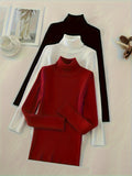 Women's 3-Piece High Collar Pullover Set – Soft High-Stretch 60% Elastane Solid Color Turtleneck Tops Bundle in Mixed Colors for Everyday Wear