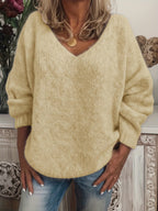 Women's V-Neck Drop Shoulder Loose Pullover Sweater – Solid Color Relaxed Fit Long Sleeve Knit Top in 15 Colors for Spring & Fall