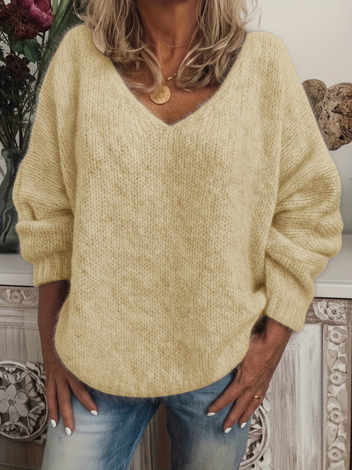 Women's V-Neck Drop Shoulder Loose Pullover Sweater – Solid Color Relaxed Fit Long Sleeve Knit Top in 15 Colors for Spring & Fall