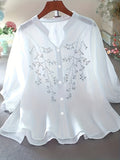Women's Floral Embroidered Blouse Long Sleeve Button Down - White Elegant Stand Collar Casual Shirt, Delicate Flower Print Summer Top S-XXL