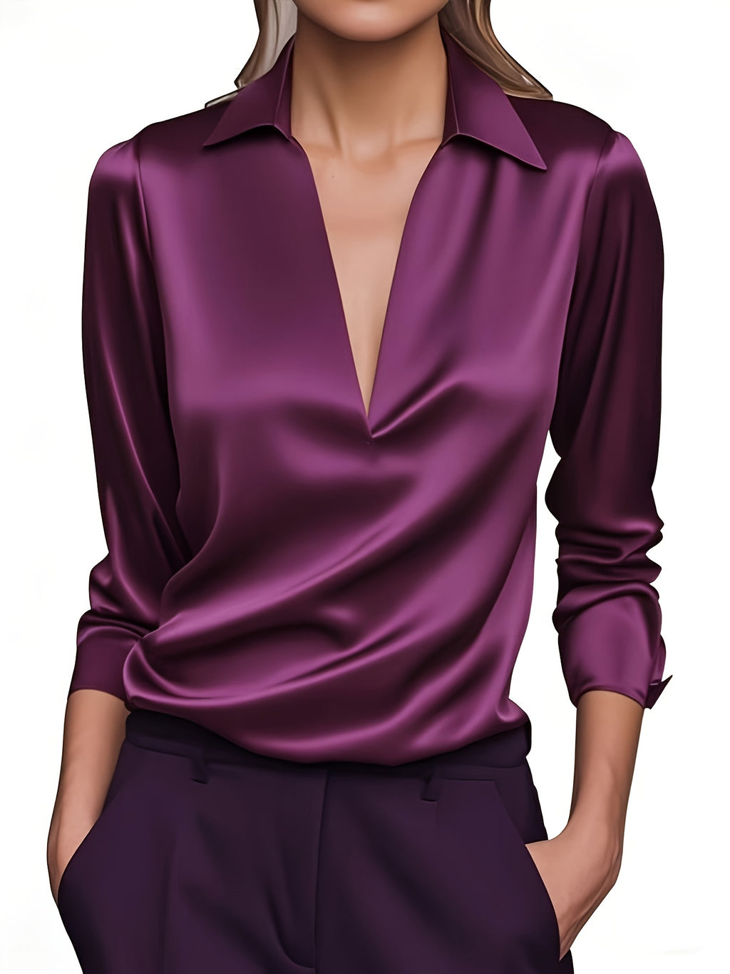 V-Neck Satin Blouse Women Elegant Solid Color Long Sleeve Loose Fit Casual Office Shirt Top S M L XL XXL Multi Color