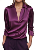 V-Neck Satin Blouse Women Elegant Solid Color Long Sleeve Loose Fit Casual Office Shirt Top S M L XL XXL Multi Color