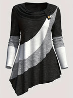 Color Block Patchwork Long Sleeve Top Women Irregular Hem Wide Lapel Knit Casual Spring Fall Black Mixed Colors S M L XL XXL