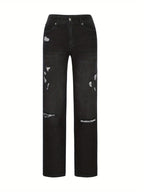 Women's Ripped Flare Wide Leg Jeans – Distressed Stretch Denim, Fashion Streetwear Casual Pants, Light Blue & Dark Blue, Sizes XS-XXL
