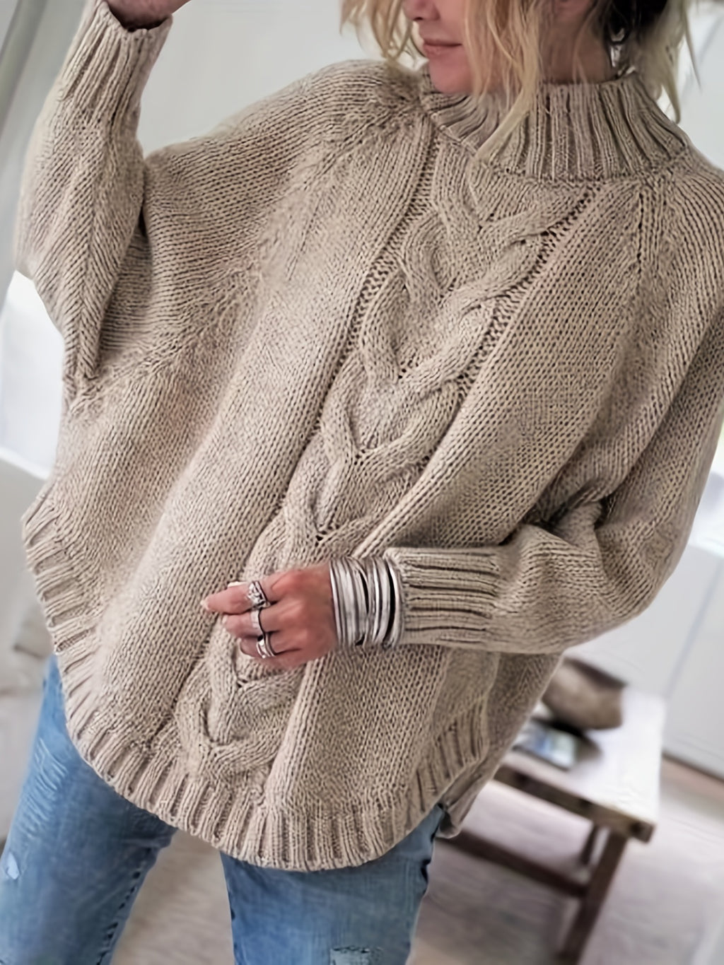 Women's Oversized Cable Knit Turtleneck Sweater Chunky Pullover Loose Fit Flared Hem Cozy Winter Knit Jumper 5 Colors S-XXL