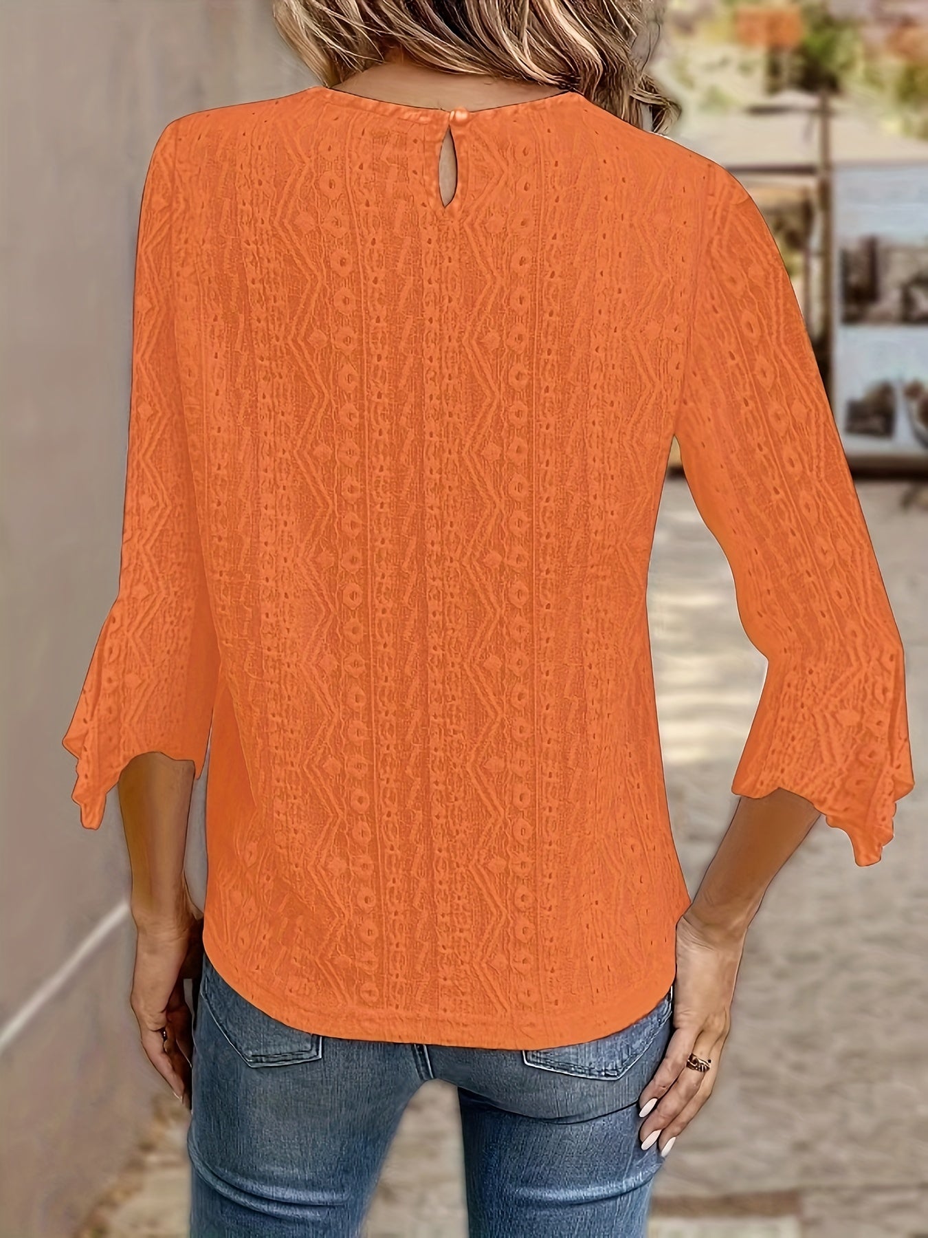 Women's Contrast Lace Trim Long Sleeve Blouse – Sexy Semi-Sheer Round Neck Elegant Pullover Top for Spring Summer Fall in Black, White & Orange-Red