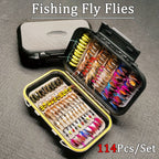 114-Piece Fly Fishing Lures Assortment with Portable Box - 11 Mixed Styles Dry/Wet Flies, Nymphs & Streamers, Size 10 Hooks for Trout, Bass, Salmon, Steelhead & Carp - Freshwater & Saltwater