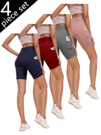 Women's High-Waisted Yoga Shorts 4-Pack Butt-Lifting 5-Pocket – Mid-Stretch Breathable Seamless Workout Shorts for Summer Yoga, Pilates & Gym Training (Red, Black, Gray, Navy Blue)