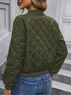 Quilted Flight Jacket Women Zip Up Long Sleeve Crew Neck Flared Hem Casual Coat – Solid Color Polyester Bomber Jacket S-XXL Black Olive Green