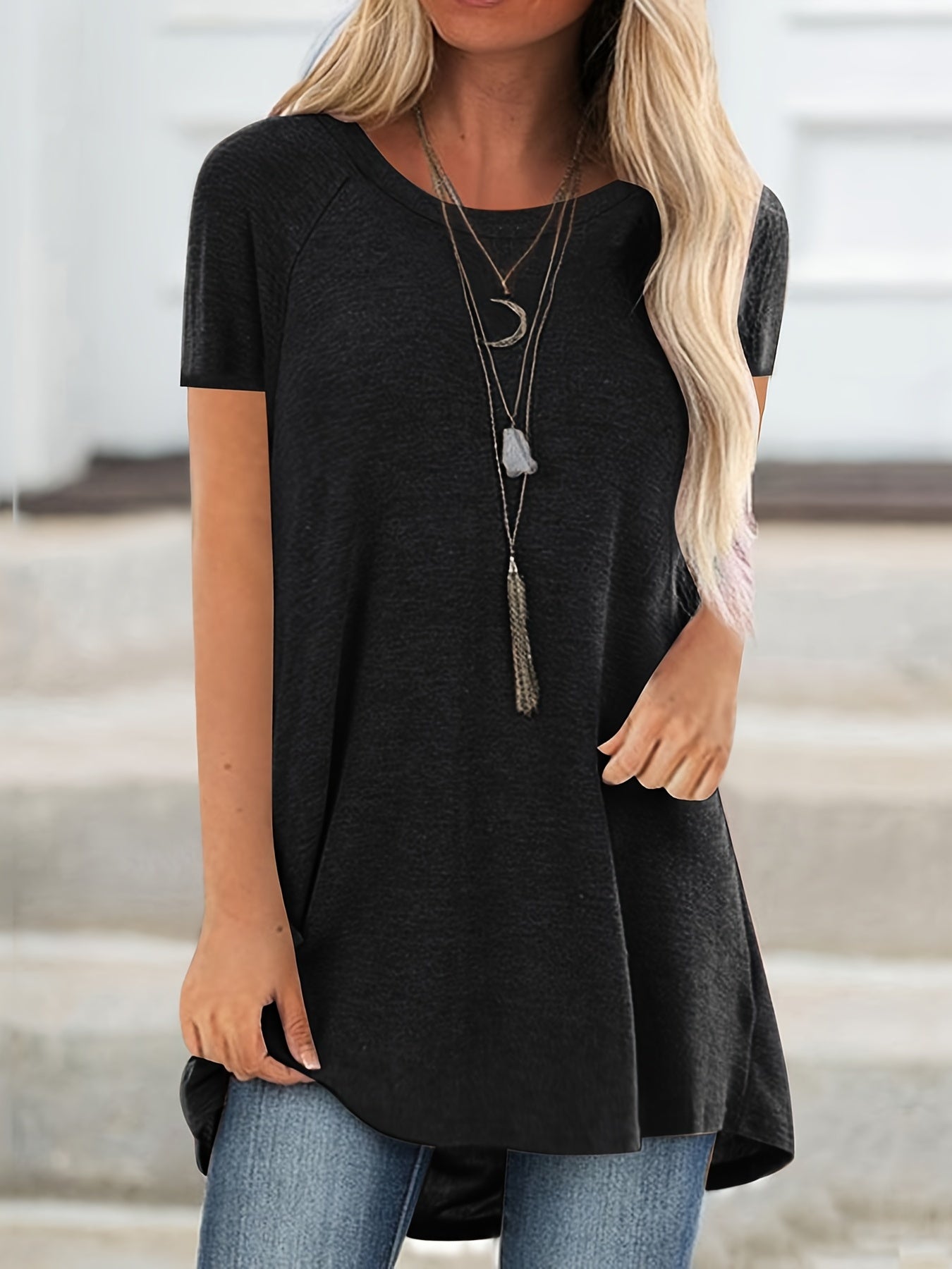 Women's Longline Raglan Short Sleeve T-Shirt – Solid Color Loose Fit Dipped Hem Knit Top in 15 Colors, 35% Viscose 60% Polyester 5% Elastane
