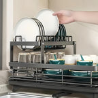 2-Tier Dish Drying Rack for Kitchen Counter with Drainboard Drain Mat Knife Fork Cup Holder Utensil Organizer Dish Drainer Kitchen Gadget Gift for Women Mother's Day